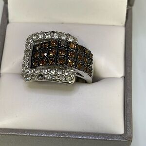 Steel Topaz & Clear Rhinestone Belt Ring AS IS Sz 7 1/5